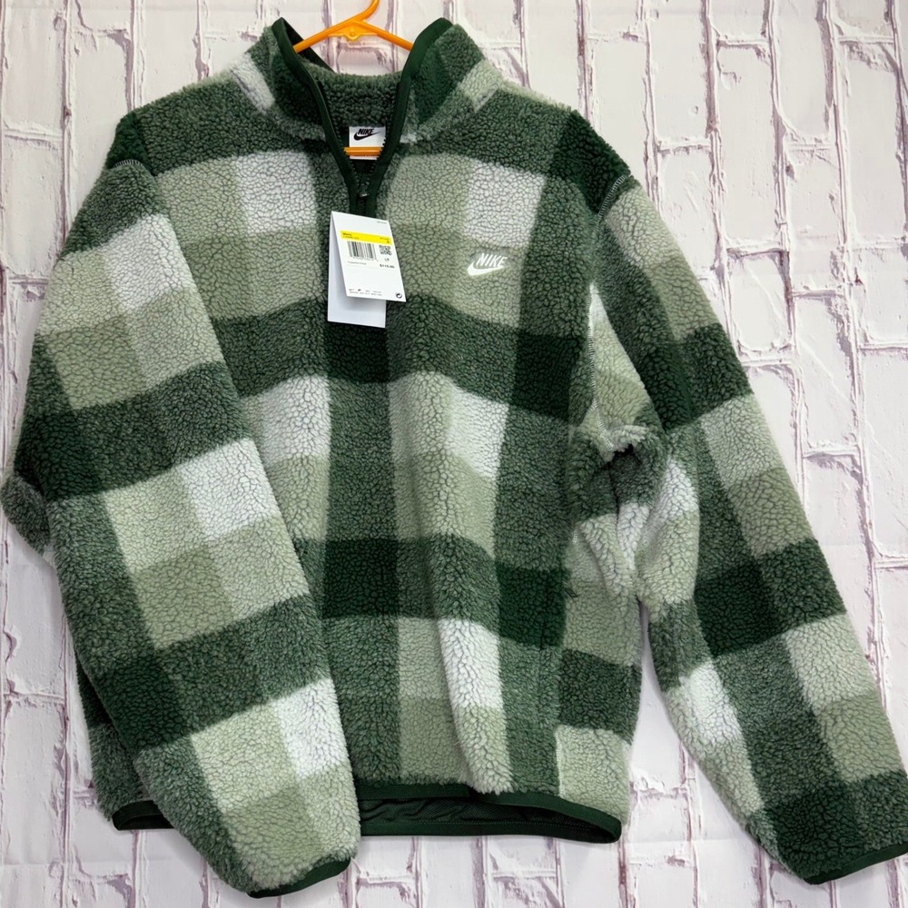 Nike Sherpa Fleece Quarter Zip Green Plaid Winter Warm Pullover Jacket Mens S